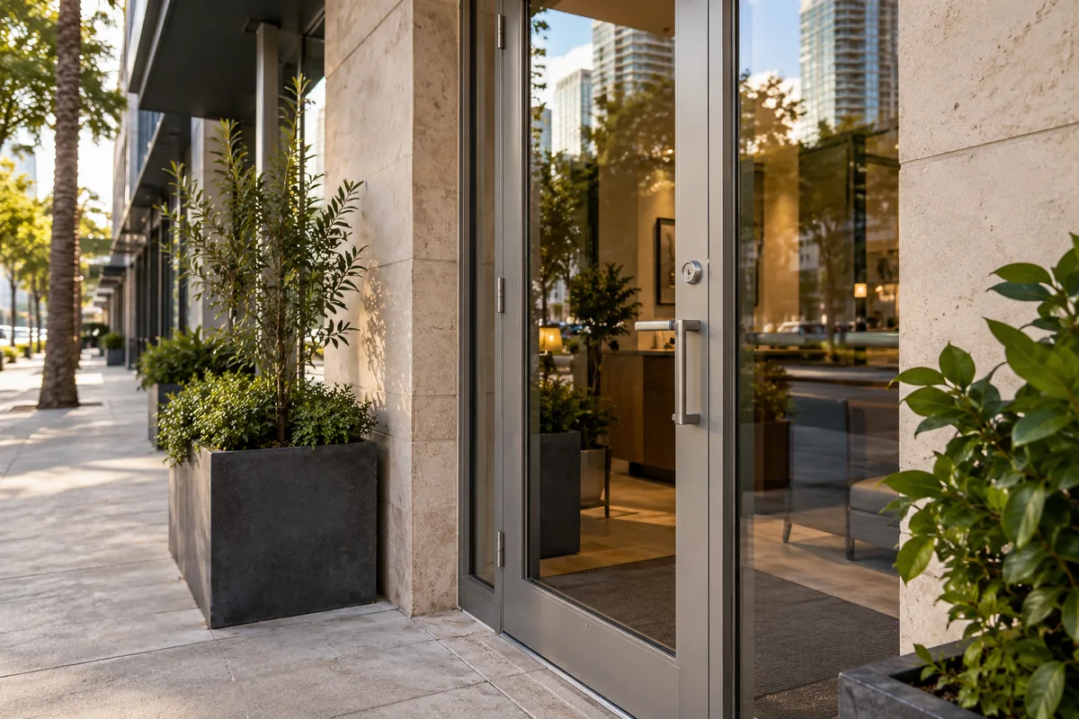 Representative Brickell inspired building entrance or Miami residential setting