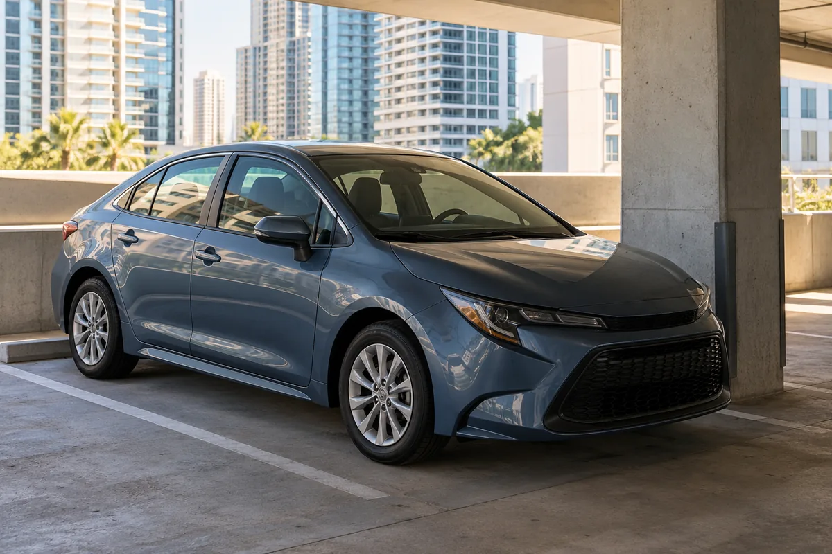 Illustrative passenger car parked in a modern Brickell-style building garage