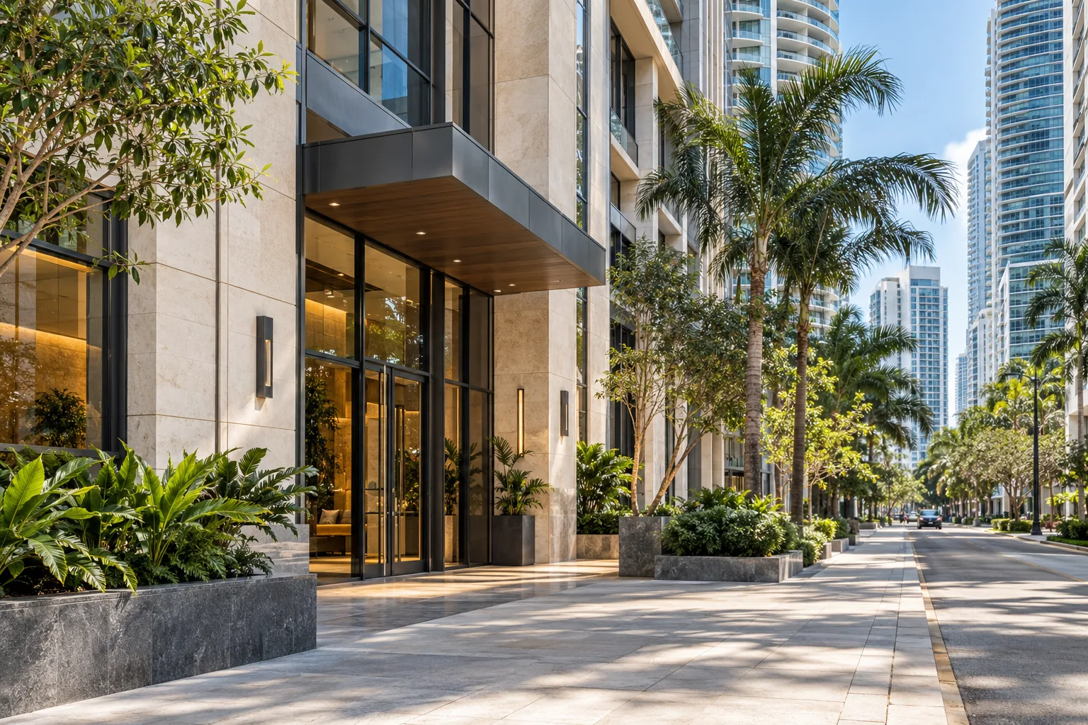 Representative Brickell inspired contemporary urban buildings and a planted street entrance