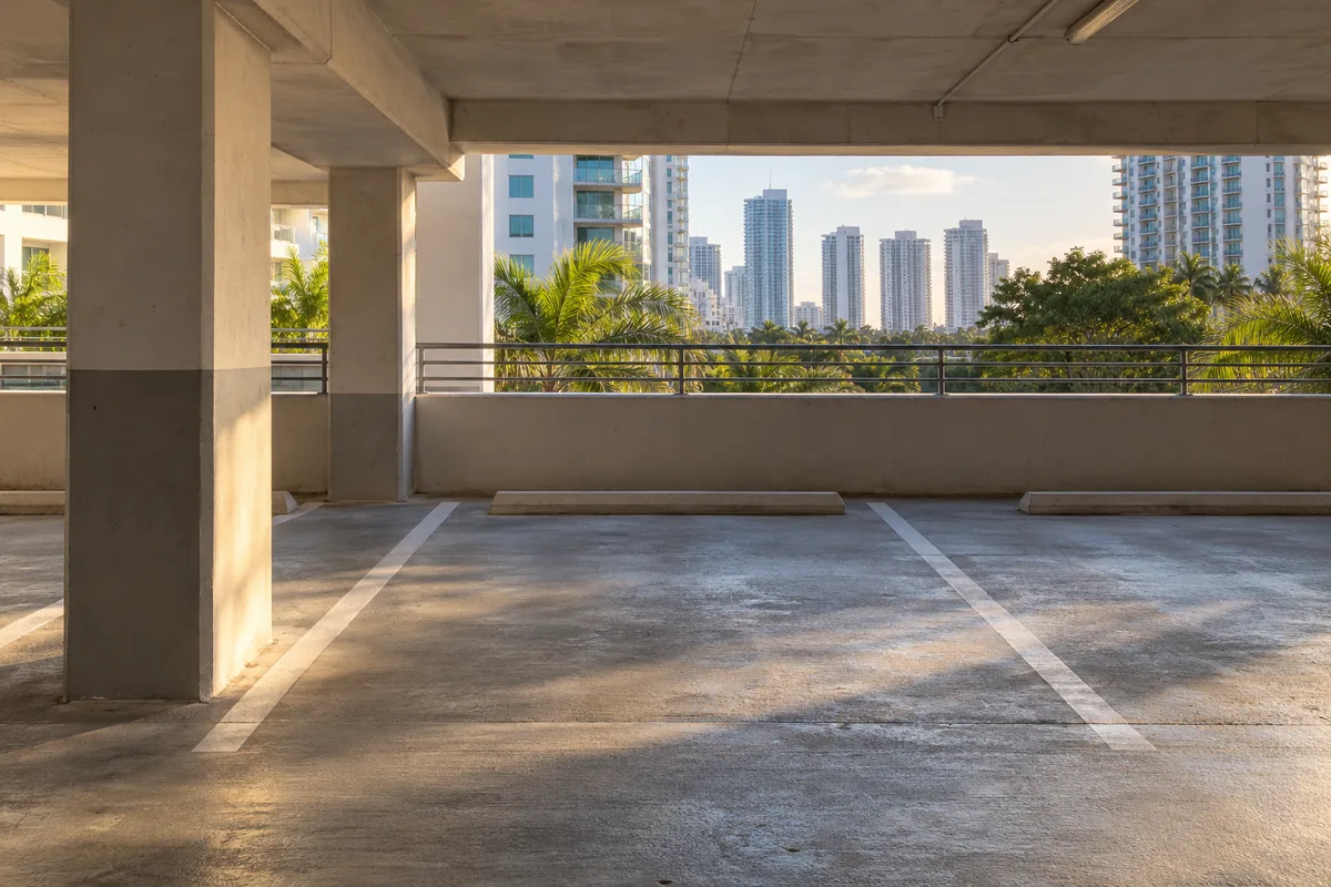 Representative concrete parking bay with marked spaces and an urban skyline beyond