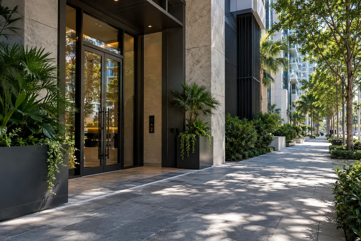 Representative Brickell inspired sidewalk and a contemporary building entrance